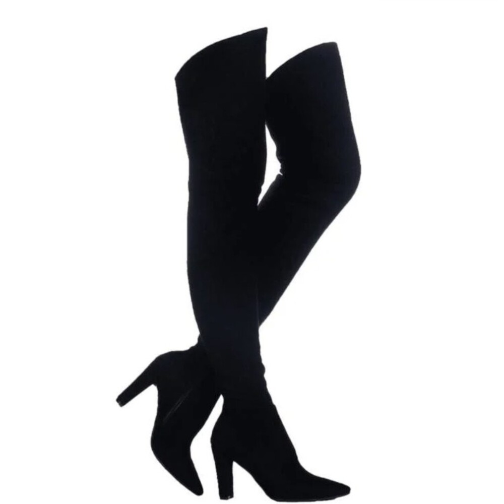 Women Faux Suede Black Stretch Thigh High Boots Chunky Block Heels WhimsyGoth